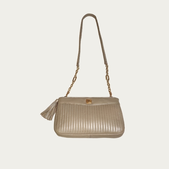 Vintage Anne Klein Beige Crossbody Bag with Gold Details, Wristlet and Key Chain - Picture 6 of 15